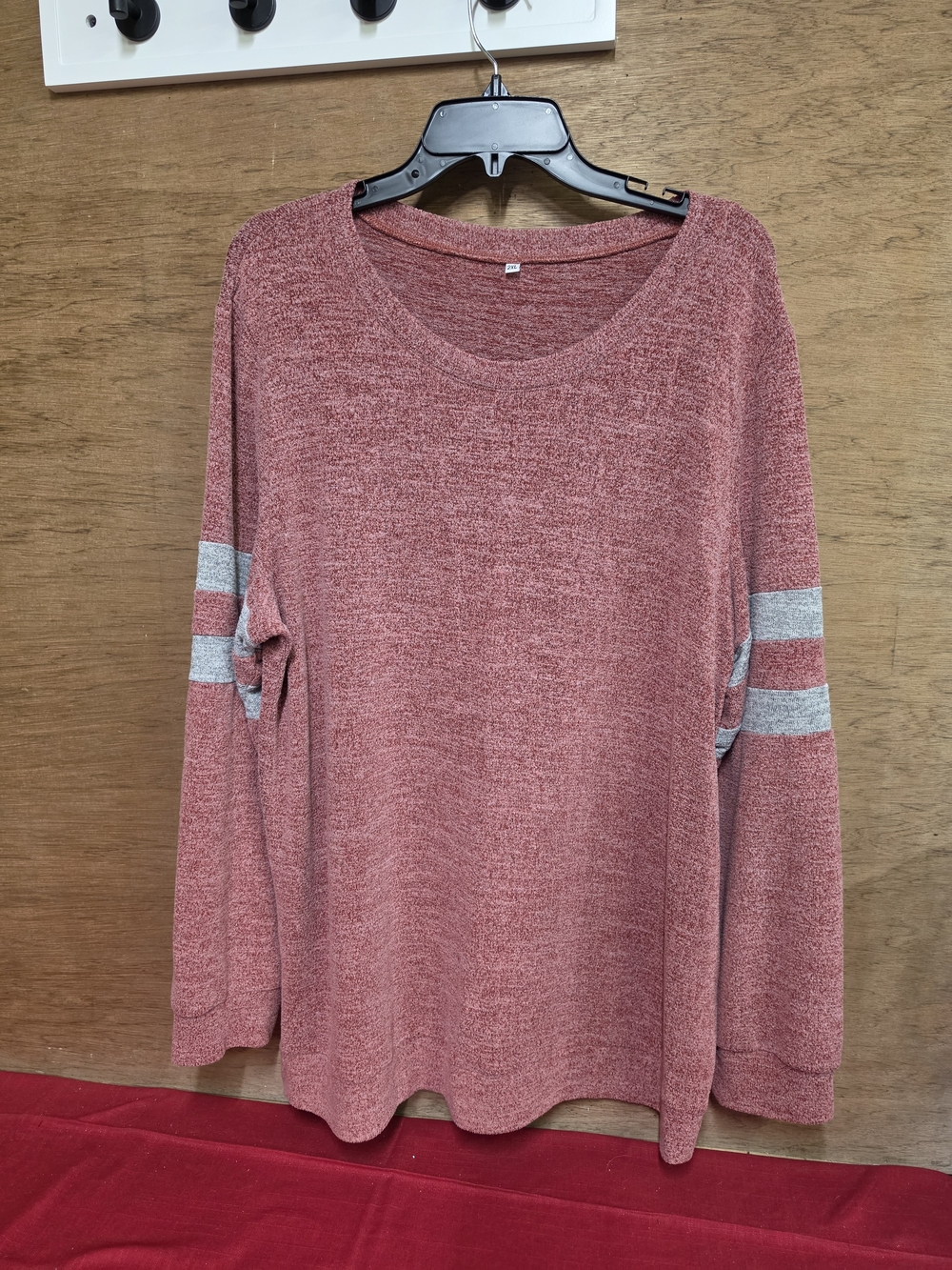 Cozy Burgundy/Red Knit Long Sleeve Top with Contrast Sleeve Stripes 2XL